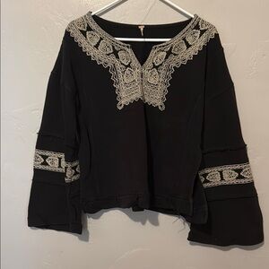 Free People Bohemian Black Sweatshirt Top with Lace Accents Small